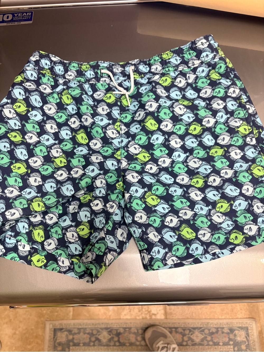 Crewcuts Boys Navy Blue Swim Trunks with Green, Light Blue & White Fish Print